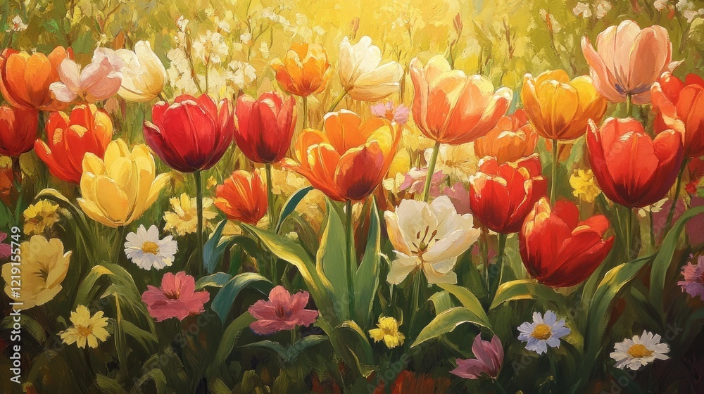Sunlit Tulip Field, Spring Bloom, Colorful Flowers, Meadow Landscape, Wallpaper