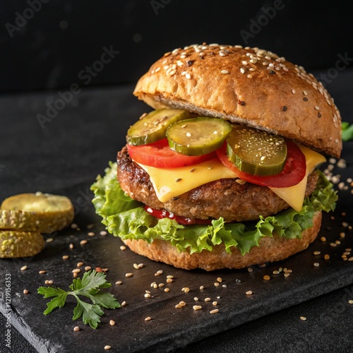 A meat and chess burger on a black background