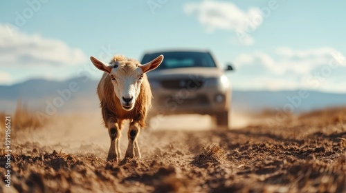 A lone goat walking along a dusty road, with a vehicle in the background, capturing the essence of wildlife amid human encroachment and environmental changes. photo