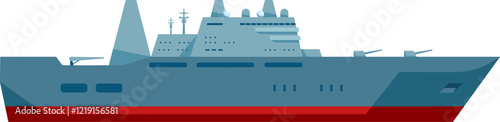 Illustration of a modern naval warship showcasing advanced design and technology. The vessel features sleek lines, radar equipment, and weaponry, emphasizing maritime security capabilities