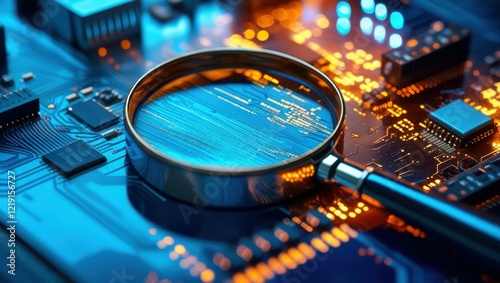 Wallpaper Mural Computer circuit board, magnifying glass, close-up, electronic components, vibrant colors, blue and orange glow, circuitry details, macro photography, futuristic technology, depth of field, high-tech, Torontodigital.ca