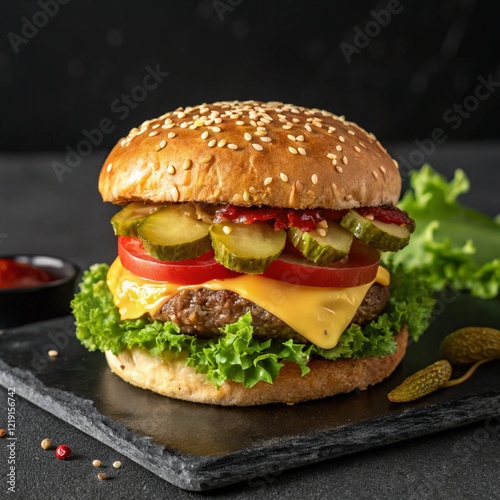 Premium hamburger and fast food on a black wooden background