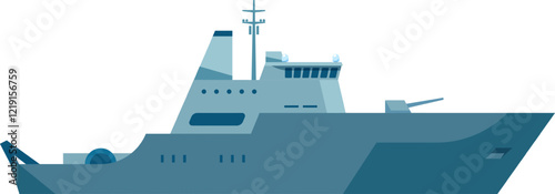 Illustration of a sleek, modern naval warship showcasing advanced design and technology. The ship features a streamlined structure with radar and weaponry, highlighting maritime military innovation