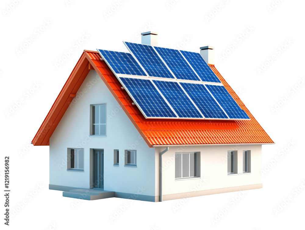 Fototapeta premium Residential house with rooftop solar panels, harnessing sustainable energy modern