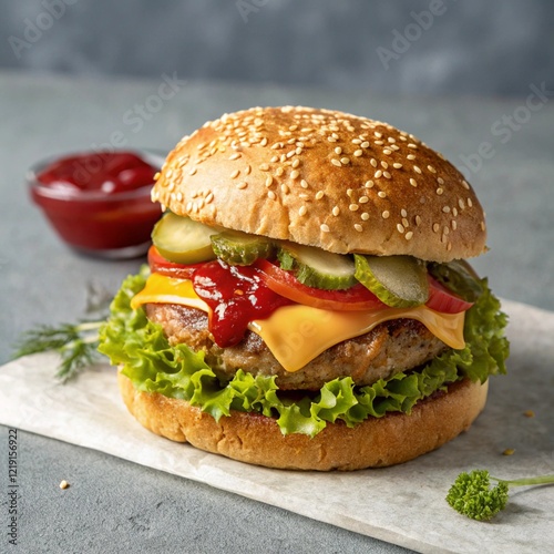 A hamburger and fast food on a gray wooden background