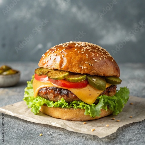 A hamburger on a gray background