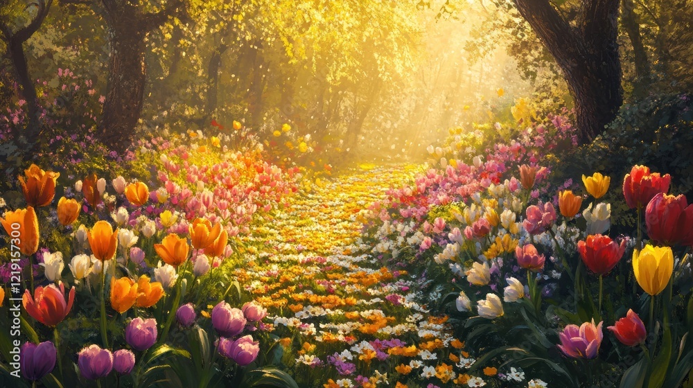 Sunlit Tulip Garden Path, Spring, Nature, Fantasy