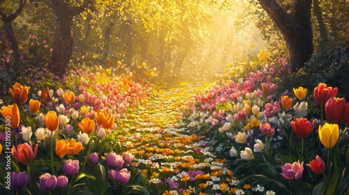 Obraz na płótnie Sunlit Tulip Garden Path, Spring, Nature, Fantasy w salonie