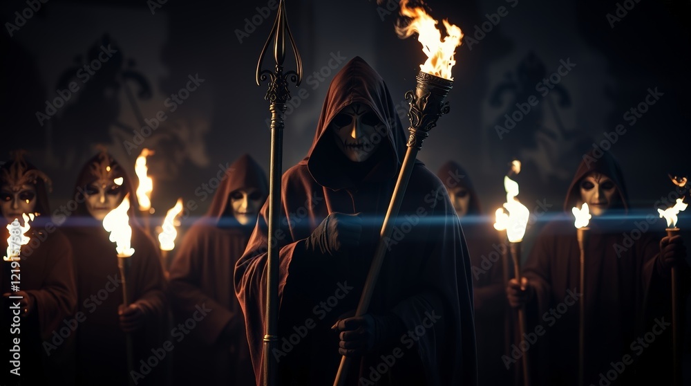 Dark masquerade with hooded figures and torches in a secretive, eerie ritual Dark masquerade with hooded figures and torches in a secretive, eerie ritual
