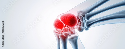 A detailed illustration of a knee joint highlighting its anatomical structure with a focus on the red area indicating inflammation or injury.