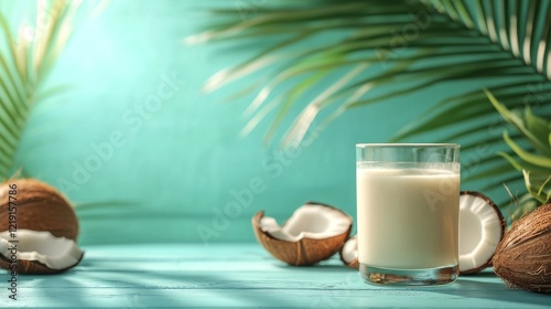 Coconut milk refreshment on blue wooden background with tropical leaves photo