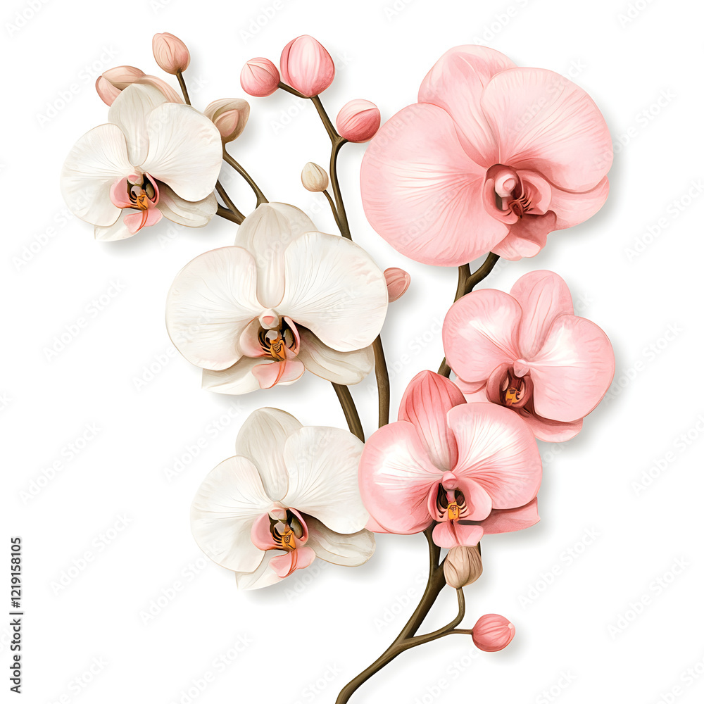 Obraz premium Elegant pink and white orchids with delicate buds on branch