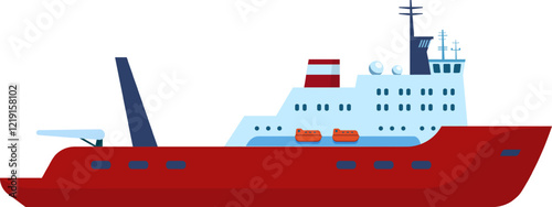 Powerful icebreaker sailing in Arctic waters, featuring lifeboats on deck, navigating through icy seas, a symbol of exploration and resilience in extreme environments