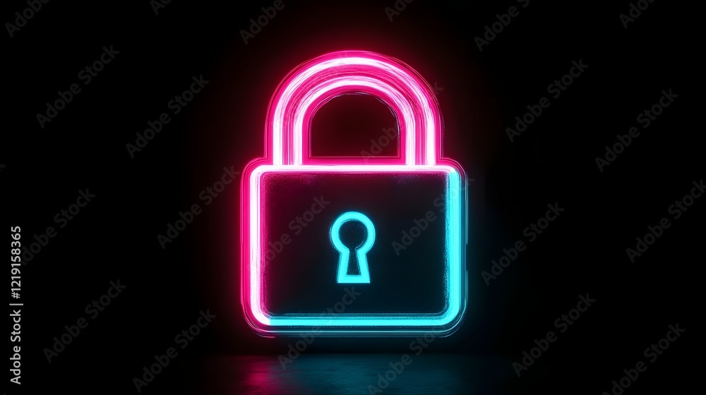 Glowing Neon Padlock Icon with Futuristic Holographic Overlay Symbolizing Secure Digital Data Glowing Neon Padlock Icon with Futuristic Holographic Overlay Symbolizing Secure Digital Data