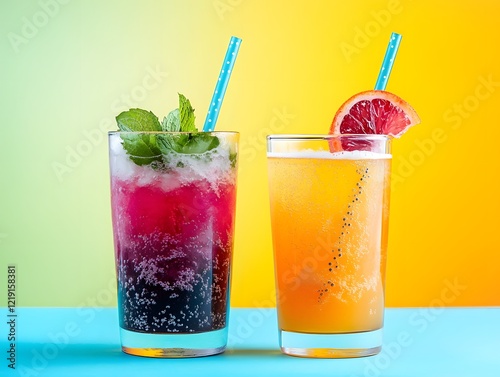 Wallpaper Mural Refreshing Summer Cocktails with Bright Colors and Fresh Ingredients Showcasing a Mint-Infused Beverage and a Citrus Delight Against a Vibrant Background Torontodigital.ca