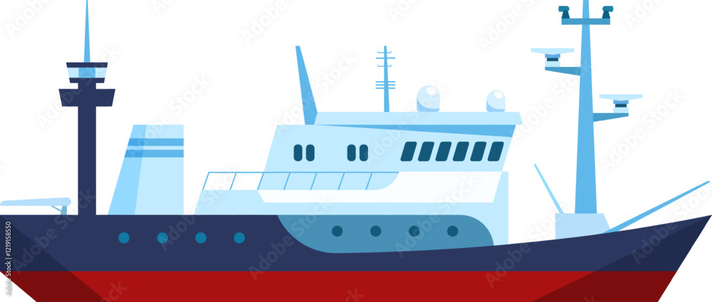 Fototapeta premium Stylized illustration of a modern cargo ship with a blue and red color scheme. Features include antennas, radar equipment, and a sleek design, emphasizing maritime technology