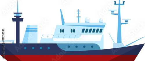 Stylized illustration of a modern cargo ship with a blue and red color scheme. Features include antennas, radar equipment, and a sleek design, emphasizing maritime technology