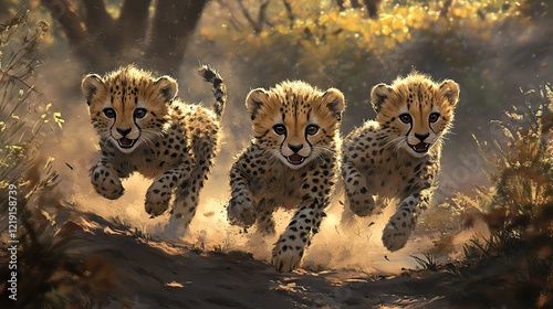 Three playful cheetah cubs run joyfully through a sunlit savanna, showcasing their agility and energy photo