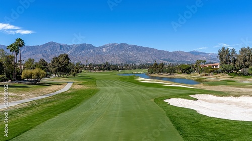 Serene Golf Course Landscape with Majestic Mountain Range under a Vivid Blue Sky
