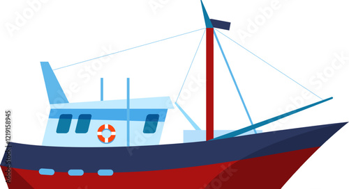Red, blue, and light blue fishing boat sailing on a white background, featuring a mast, ropes, a cabin, lifebuoy, and portholes, capturing a vibrant maritime scene