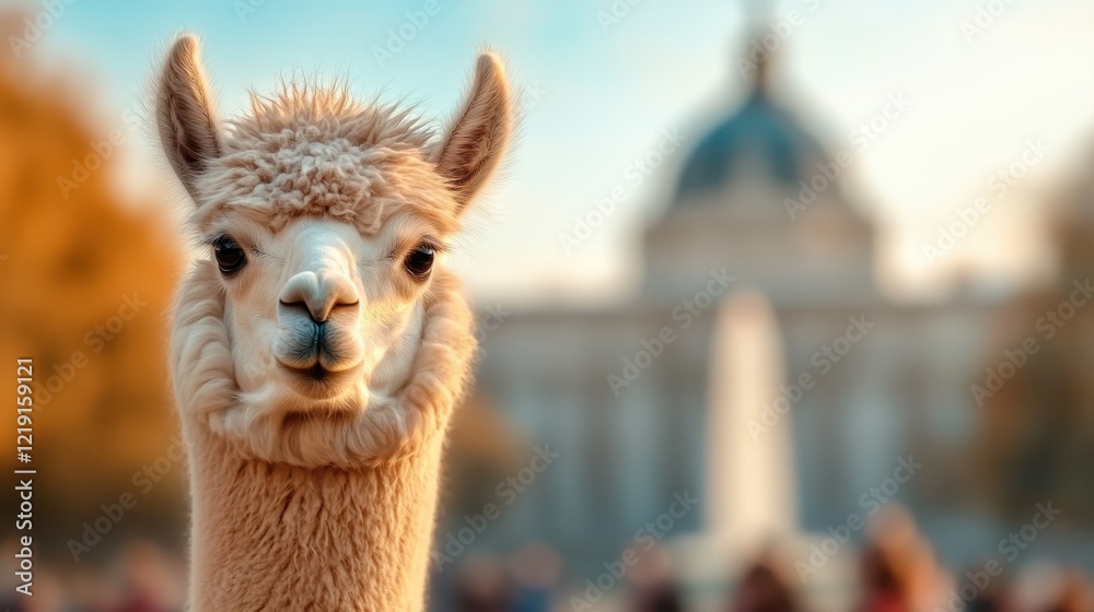Obraz premium A beautiful llama stands confidently against a blurred historic backdrop, embodying a harmonious blend of nature and urban life in a vibrant setting.