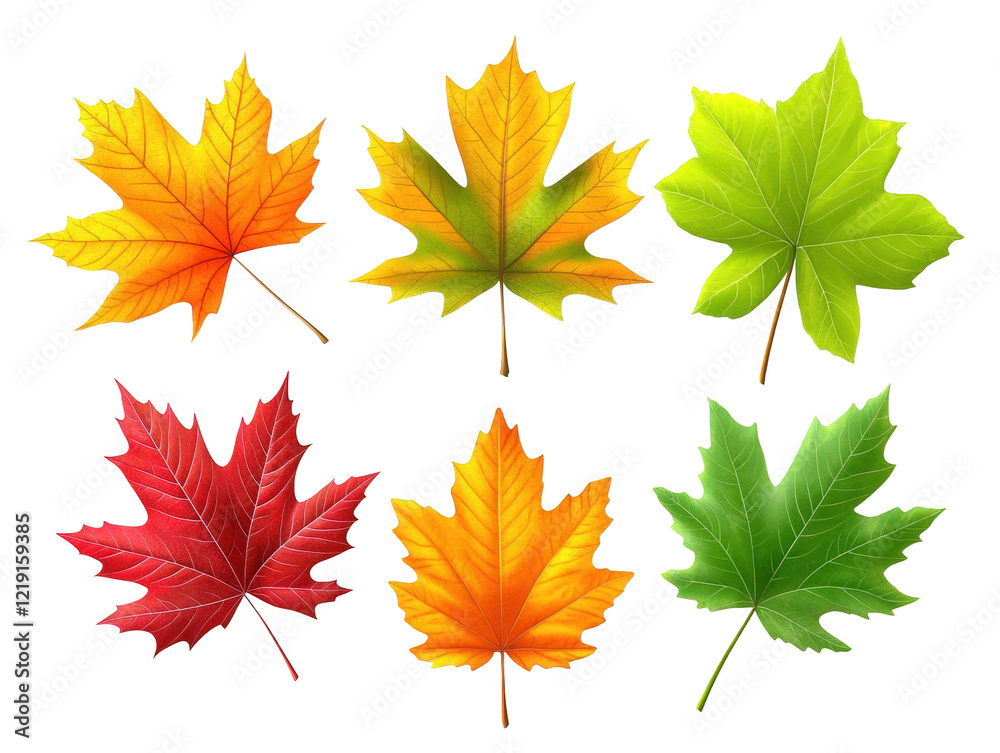 Fototapeta premium Colorful autumn display, four maple leaves in red, orange, yellow, and brown hues