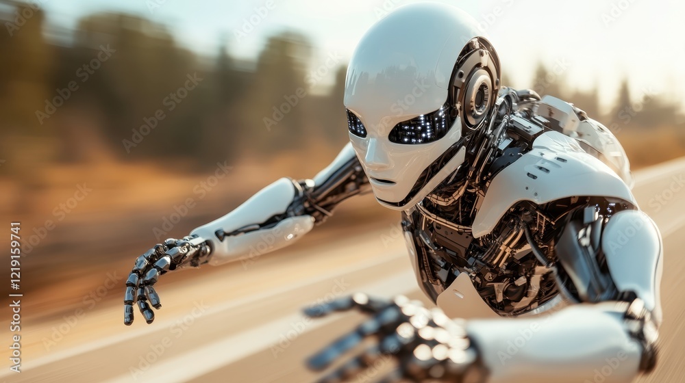 Fototapeta premium This captivating image presents a futuristic robot in a dynamic flying pose, set in a natural landscape, blending technology and nature for a striking visual effect.