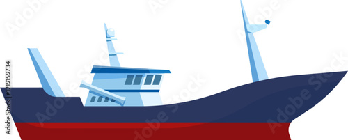Illustrative depiction of a modern fishing vessel showcasing a sleek and streamlined design. The ship features a dark hull with a contrasting red bottom, emphasizing maritime engineering