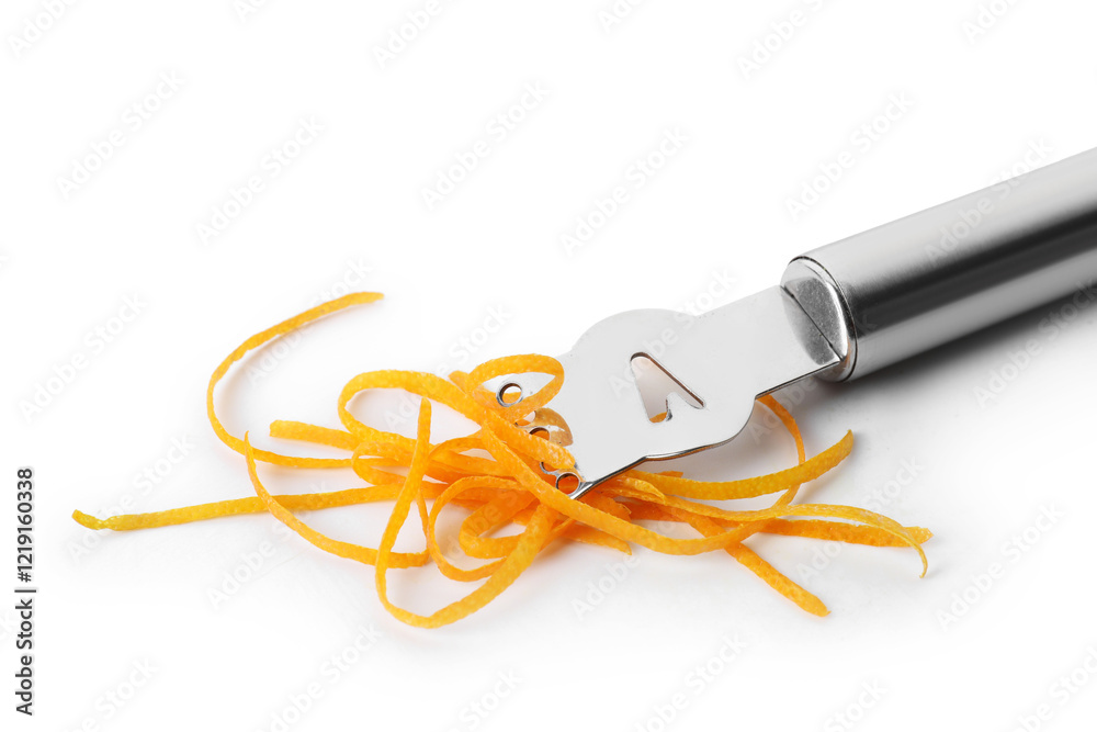 Fresh orange zest and zester tool isolated on white Fresh orange zest and zester tool isolated on white