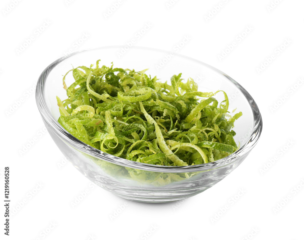 Fresh lime zest in bowl isolated on white Fresh lime zest in bowl isolated on white