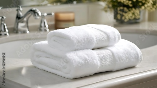 White clean mock up bath towels in a stylish bathroom setting screen display for spa concept