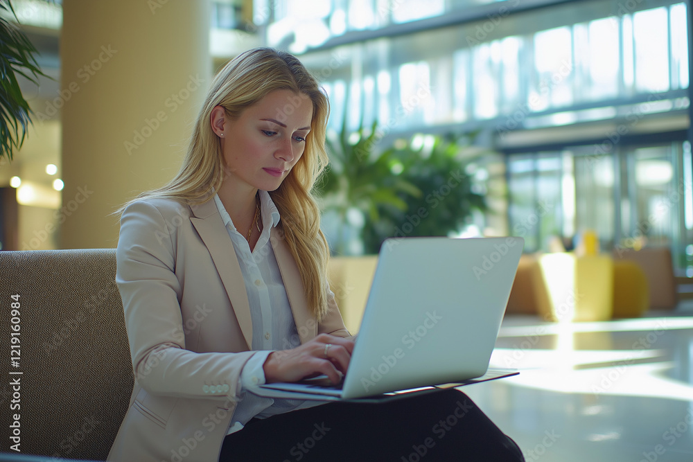 Businesswoman analyzing financial data on a laptop in a corporate setting Businesswoman analyzing financial data on a laptop in a corporate setting