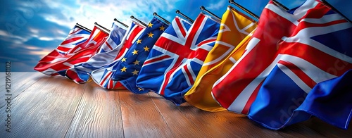 Realistic Waving Flags of Commonwealth Nations on a Wooden Table with a Scenic Background