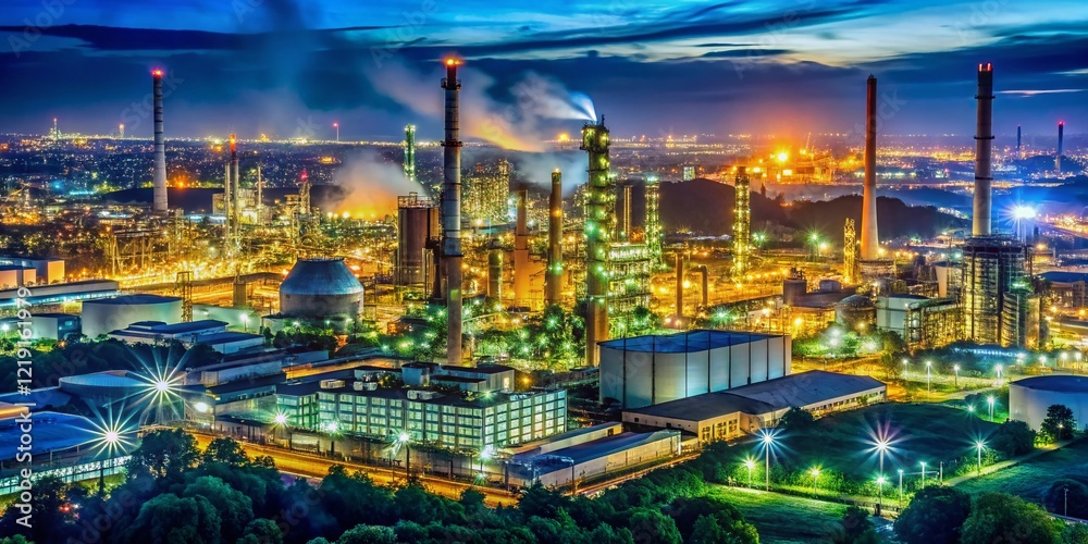 Fototapeta premium Night Cityscape Industrial Plant, Dramatic Urban Landscape, Illuminated Factory at Night, Powerful City Industry, Dark City