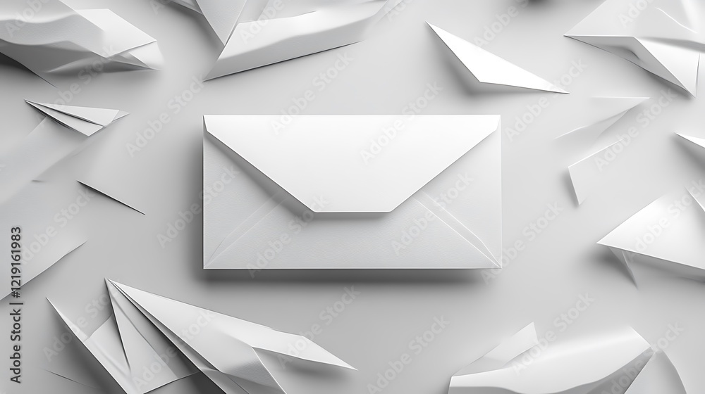 Clean mock up of white envelope on screen surrounded by paper planes in a minimalistic environment Clean mock up of white envelope on screen surrounded by paper planes in a minimalistic environment