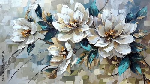 A stunning acrylic painting featuring white flowers and vibrant green leaves.