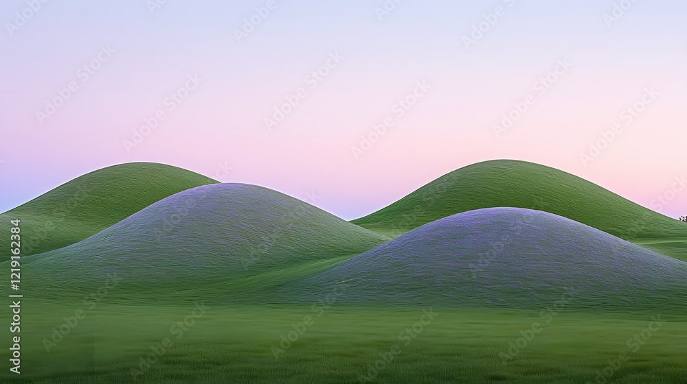 Obraz premium Serene Rolling Hills Landscape with Purple Flowers at Sunset