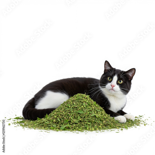 Cat sitting on a heap of catnip herb - isolated on white photo