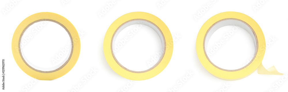Adhesive tape, set. Rolls isolated on white, top view Adhesive tape, set. Rolls isolated on white, top view
