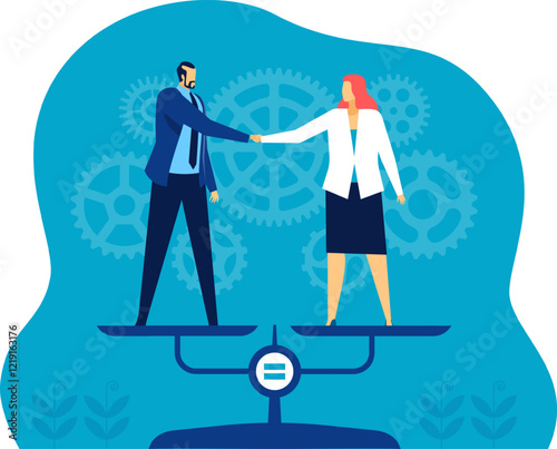 Businessman and businesswoman shaking hands while standing in equilibrium on a balanced scale with gears in the background, representing gender equality in business and equal opportunities