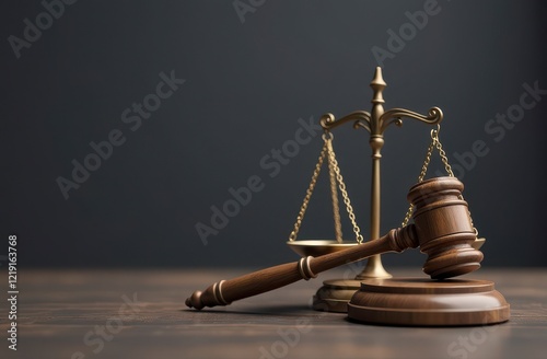 Wooden gavel and scales of justice on dark background symbolizing law and legal system