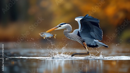A heron catching a fish in crystal clear waters surrounded by reeds