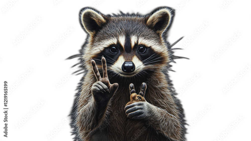 Playful raccoon poses with a friendly gesture while holding a small cookie in its paw, showcasing its cute and curious nature against a black background Playful raccoon poses with a friendly gesture while holding a small cookie in its paw, showcasing its cute and curious nature against a black background