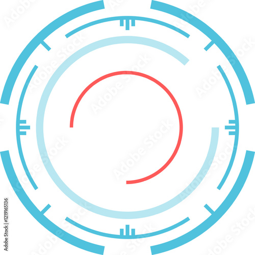 Modern, futuristic head up display - HUD - element featuring concentric circles in blue and red, creating a technological and abstract design on a white background