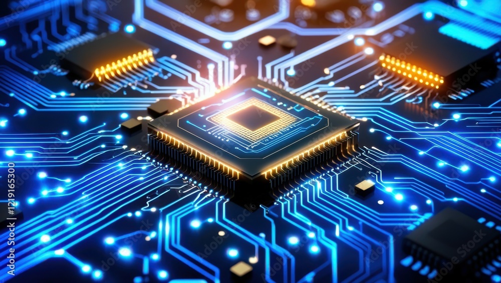 Circuit board, microchip, glowing blue technology, electronic components, futuristic processor, computer hardware, digital circuitry, neon lights, high-tech, close-up, intricate details, cyberpunk aes Circuit board, microchip, glowing blue technology, electronic components, futuristic processor, computer hardware, digital circuitry, neon lights, high-tech, close-up, intricate details, cyberpunk aes