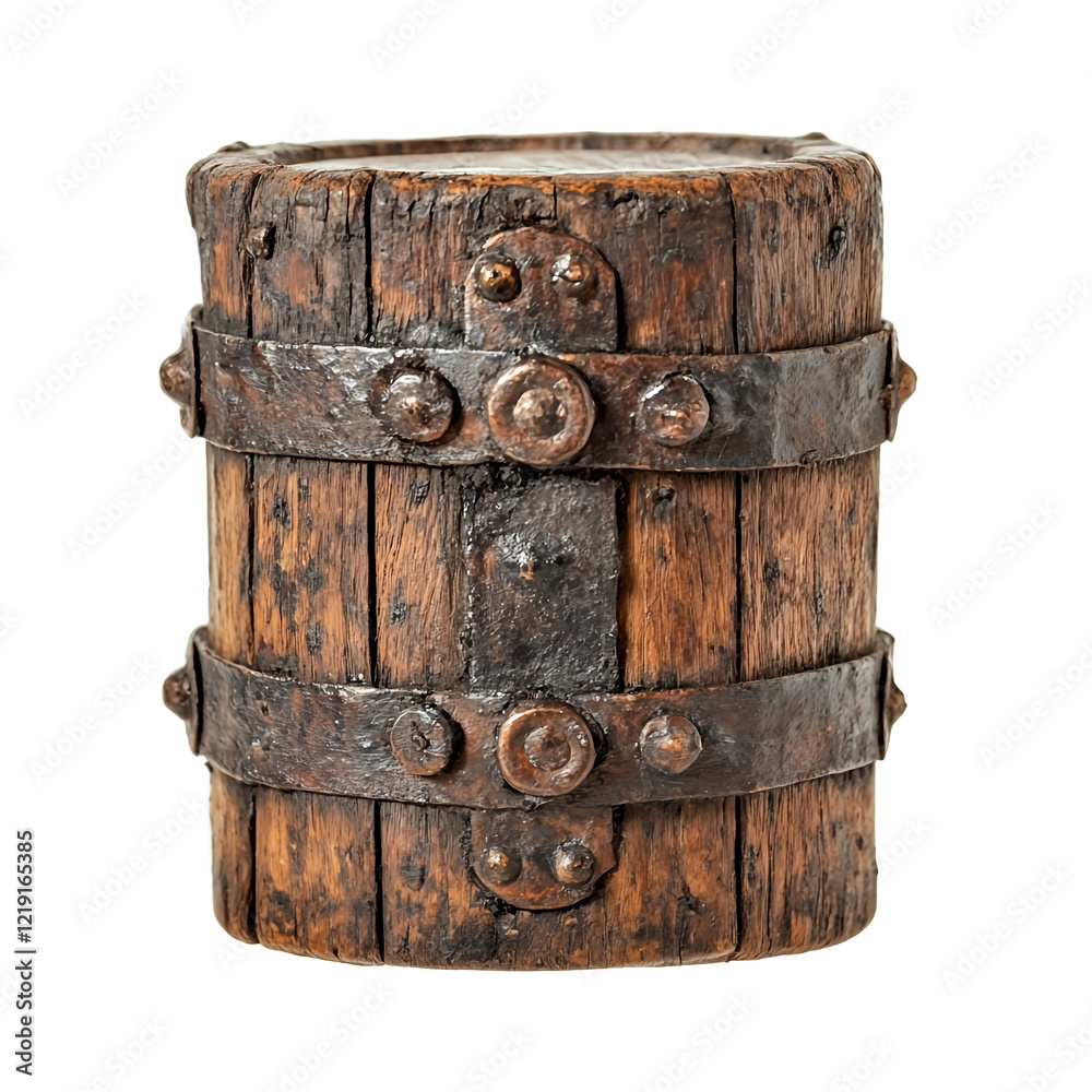 Fototapeta premium vintage wooden barrel with metal bands and rivets, showcasing rustic charm