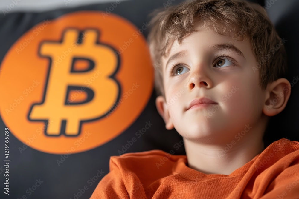 Young boy gazes thoughtfully while sitting on a couch with a Bitcoin symbol in the background Young boy gazes thoughtfully while sitting on a couch with a Bitcoin symbol in the background
