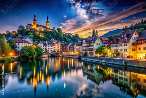 Night Photography: Baden Wettingen, Switzerland - Illuminated River & Cityscape photo