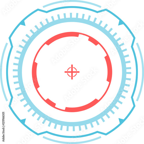 Futuristic heads up display interface featuring a circular design with a crosshair, perfect for video games, virtual reality, and applications needing precise targeting