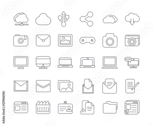 Graphical User Interface (UI), social media, web, internet design icon set (1 of 4) dark gray line icons